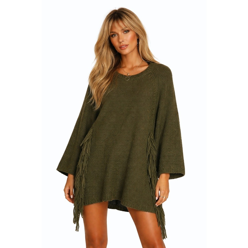 Ma(e)vy Maevy Concept Green Fringe Knit Sweater Bird‎ Embroidery Oversized OS